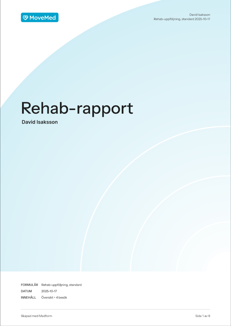 Utskriftsliknande rehabrapport med diagram